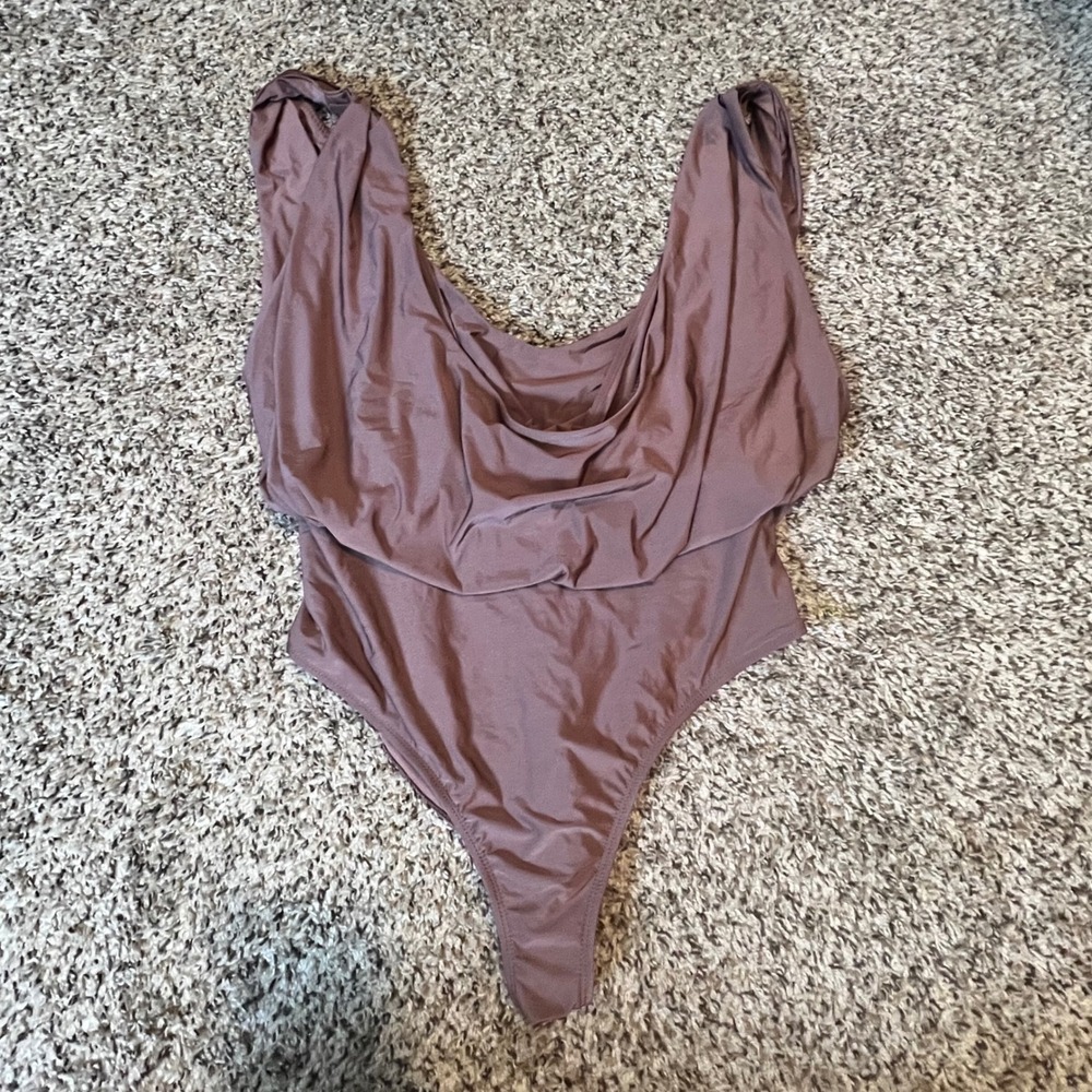 ASOS Swim Mauve Brown Draped Cowl Neck High Cut Thong One Piece Swimsuit US 10